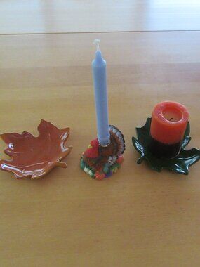 Thanksgiving turkey & fall leaves candle holders pillar plates